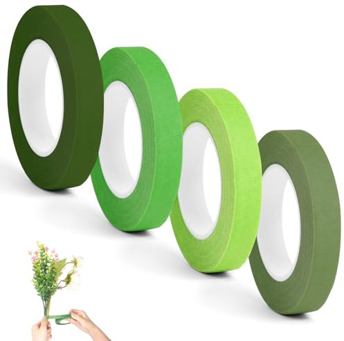 ABOHU Floristenband Grün, 4 Rollen Flora Kreppband 12 mm Breit, Blumenklebeband Selbstklebend, Floristen Klebeband für Blumenstrauß Stiel Verpacken und Blumenhandwerk (27m/Rolle)