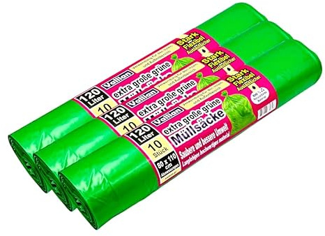Vallian - Extra Large Green Bin Bags 120 Litres - Dimensions 80 x 110 cm - 10 Bags per Roll - Tear-Resistant, Strong and Flexible - Pack of 3 Rolls (30 Bin Liners)
