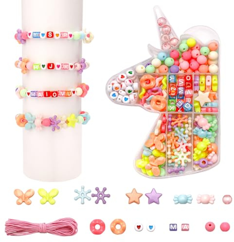 Canollo Armbänder Selber Machen, 210 Stück Perlen für Armbänder Kinder | Acrylmaterial Perlen zum Auffädeln, Bastelset Kinder ab 6 Jahr, DIY Basteln Einhorn Geschenke für Mädchen