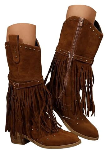 Xbemkste - Stivali da donna con tacco, cerniera, eleganti, con frange, stile cowboy, western, a mezza gamba, stivaletti da donna, stivaletti alti per autunno e inverno, marrone, 37.5 EU