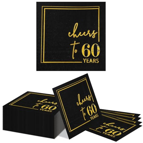 Kotkiddy 60. Geburtstag Deko Servietten 40 Stück, 25x25cm Schwarz Gold, Happy Birthday Papierservietten für Mann Frau, 60.Geburtstags Dekoration
