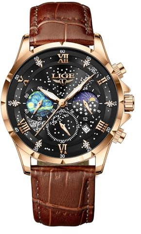 LIGE Herrenuhr Uhr Herren Armbanduhr Leder Vintage Uhren | 3ATM Wasserdicht Quartz Männer Datum Lederarmband Retro Chronograph Herrenarmbanduhren Mondphase Klassisch Dress Herrenuhren