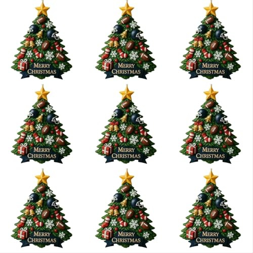 Football Christbaumschmuck 9er Set, Sportthema Ornamente mit Helmen & Bällen 8.1cm, Weihnachtsbaum Deko in Grün & Gold mit Schneeflocken