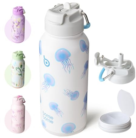 BOTTLE BOTTLE Edelstahl Trinkflasche 1L mit Strohhalm - Auslaufsichere Isolierflasche für Sport & Fitnessstudio, mit Pillenfach, BPA-frei, doppelwandig (Jellyfish)