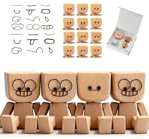 OKESYO Wackelfigur Auto, 4 Stück Wackelnder Holzmann, Wackelmännchen Holz mit 12 Magnetische Ausdrücke, Handgefertigter Wackelnder Holzmann Auto für Armaturenbrett Schreibtisch Deko Figure