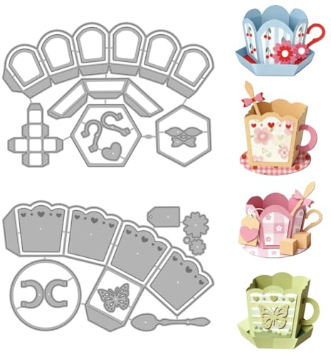 MAYJOYDIY 3D Teacup Metal Die Cuts Cup Handle Cutting Dies Spoon Embossing Template Butterfly Flowers Carbon Steel Cutting Stencils for Card Making DIY Scrapbooking Album Handbook Gift Decoration