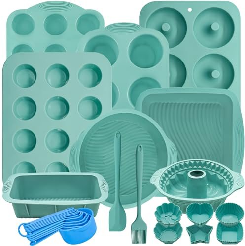 39 PCS Silicone Bakeware Set Nonstick Silicone Baking Trays Cake Pan Tin Set with Round Square Pan Donut Bread Loaf Muffin Sheet Cupcake Moulds