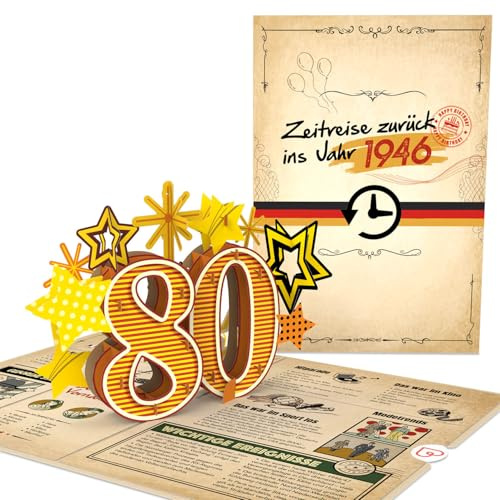 papercrush Pop-Up Karte „Zurück ins Jahr 1946“, 3D Geburtstagskarte zum 80. | 80ster Geburtstag für Frau & Mann, Besondere Glückwunschkarte 80 Jahre, lustige Fakten zum Jahrgang, Geschenk für Oma & Opa