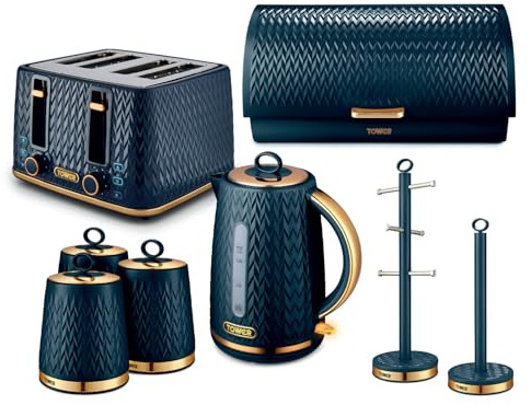 Tower Empire 5 Piece Kitchen Set, 3kW 1.7L Kettle, 4 Slice Toaster, Bread Bin, 3x 1.3L Canisters, Towel Pole & Mug Tree, Midnight Blue, EEJB467