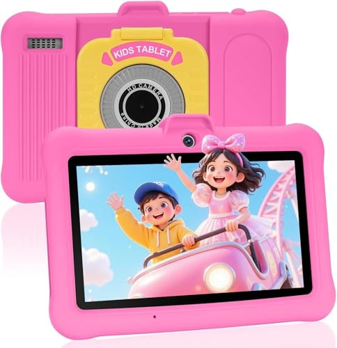 TABTIVI Tablette Enfants 7 Pouces Android, RAM 8 (3+5) Go, ROM 64 Go (TF 128 Go), GMS Certified, Apps Pré-Installé, Éducative, WiFi, Kid-Proof Étui avec Support réglable, Rose