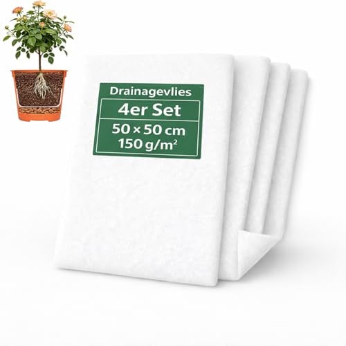 Drainagevlies für Pflanzkübel – 4er Set 50x50 cm, 150 g/m² Trennvlies | Pflanzenvlies & Filtervlies für Blumentöpfe, Balkonkästen und Blähton – wasserdurchlässig, trennt Erde und Drainageschicht