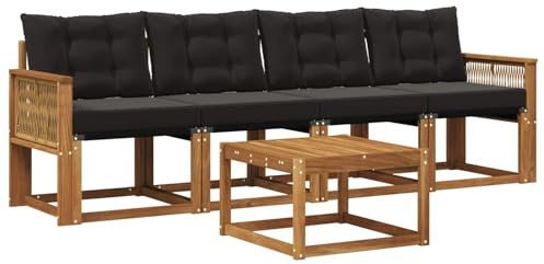 vidaXL Outdoor-Sofagarnitur mit Kissen 5 pcs Natürlich und Schwarz, Garten Sofaset, modernes Wohnmöbel, entspannende Couch für Terrasse und Außenbereich