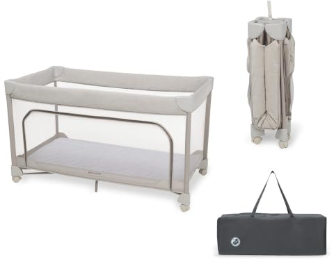 Maxi-Cosi Merlin, 2-i-1 Resesäng Baby & Lekplats, 0–4 år, upp till 18 kg, Campingsäng, Hopfällning på 1 Sekund, 120 x 60 cm CloudCore-Madrass, Sidofönster, 4 Hjul, Elegance Beige