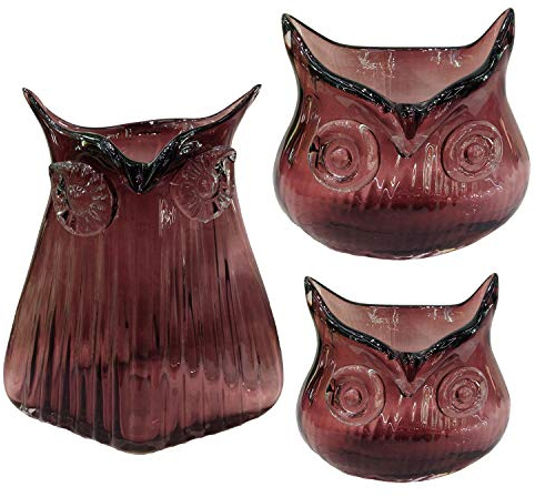 3 er Set Dekovase Eule Glasvase Vintage Vase Glas Retro Tischvasche (Lila)