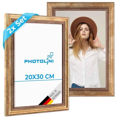PHOTOLINI Barock-Bilderrahmen 20x30 cm in Gold antik, 2er Set Holz-Rahmen Vintage, Made in Germany, Echtglas, zum Aufhängen, mit Zubehör - verleiht Deinen Fotos das besondere Etwas