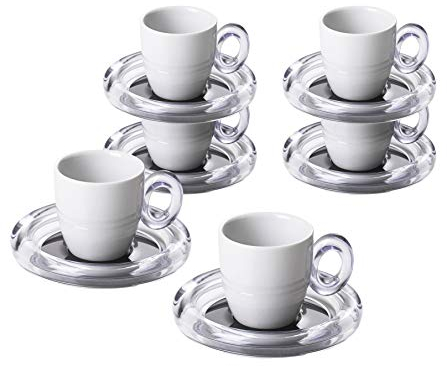 Omada Design Set 6 Tazzine Caffè, in Porcellana, con Piattino e Manico in Acrilico, Lavabili in Lavastoviglie, Made in Italy, Linea Crystal, Nero