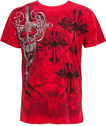 Sakkas TG527T Cross, Sword and Shield Cotton Mens T-Shirt - Red/Medium