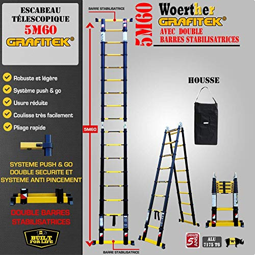 ESCABEAU-ÉCHELLE TÉLESCOPIQUE WOERTHER Double Fonctions / 5M60-2M80 /avec Housse/MODÈLE GRAFITEK, en Graphite ET Aluminium 7175T6 / avec Doubles Barres STABILISATRICES/Garantie 5 Ans
