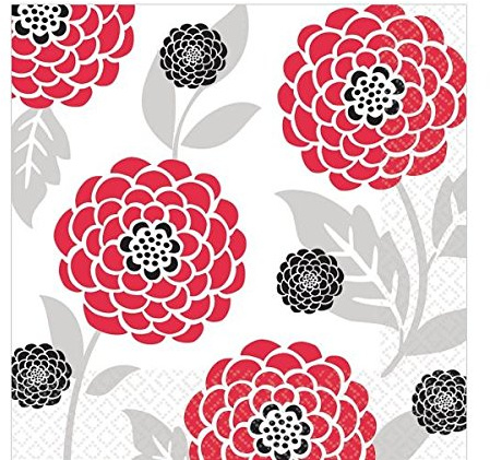 amscan Disposable 2 Ply Lunch Napkins in Tossed Mums Print (16 Pack), 6.5 x 6.5, Red/Black/White/Light Grey