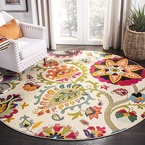 SAFAVIEH Monaco Collection 6'7 Round Ivory/Multi MNC229A Boho Floral Non-Shedding Dining Room Entryway Foyer Living Room Bedroom Area Rug