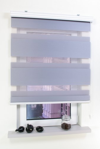 Liedeco Duo-Rollo Doppelrollo mit Kassette | B 60 x H 160 cm | Streifen - Silber | lichtdurchlässig