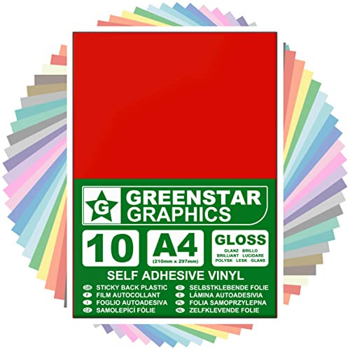 GREENSTAR GRAPHICS Glossy A4 Sticky Back Plastic SELF Adhesive Art & Craft Vinyl (10 Sheet Pack). Compatible with 12” Cricut, Silhouette Cameo/Curio/Portrait, Scan N Cut (RED Gloss 10 A4)