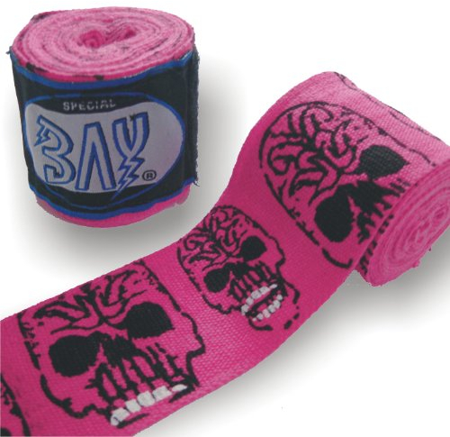 BAY® Skull Totenkopf pink/rosa Basic 2,5 Boxbandagen + WICKELANLEITUNG, elastisch, 2,5 Meter x 5 cm, Box-Bandagen, Paar für Kinder Kids und Erwachsene geeignet