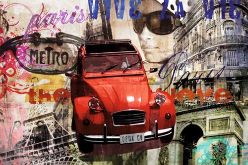 empireposter Paris - Cars - Deux cv - Poster roter 2CV in Paris Collage - Grösse 91,5x61 cm