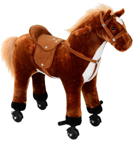 HOMCOM Plush Walking Horse Ride On Toy Rocking Horse for 2+ 50cm Tall Brown | with Wheels, Realistic Sounds, for Girls Boys
