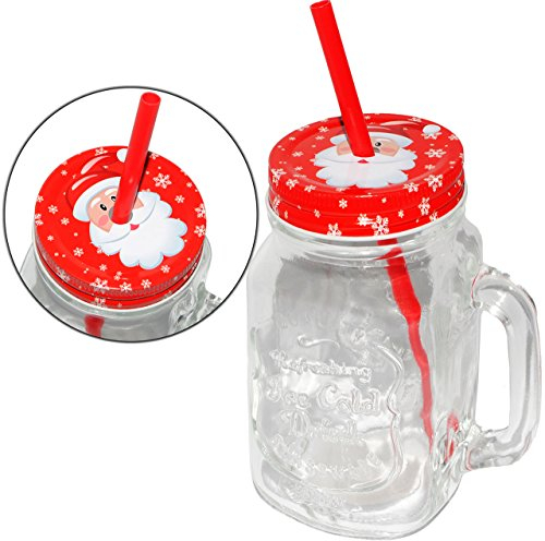 alles-meine.de GmbH 1 Stück Henkelbecher - Glas mit Strohhalm & Deckel - Weihnachten - Weihnachtsmann - 500 ml - Trinkbecher für Glühwein - Kinderpunsch - Heiße & Kalte Get..