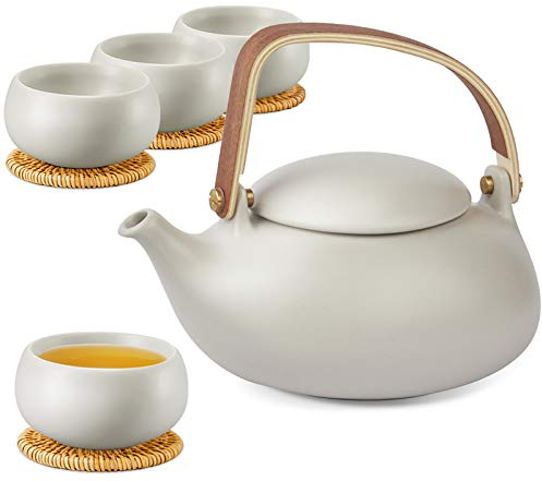 ZENS Japanische Teekanne mit Sieb, 800ml Matte Grau Vintage Japanische Teeservice Teekanne Keramik mit 4 Tassen und Rattan-Untersetzer, Hanfseilgriff Teekanne für Schwarz Losen Tee Stepper