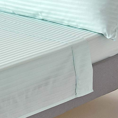 HOMESCAPES Blue Pure Egyptian Cotton Flat Sheet Super King 330 TC 500 Thread Count Equivalent Satin Stripe Bed Sheet