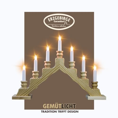 WEIGLA - Schwedenleuchter original Erzgebirge I Trendiger Schwede Natur I Schwibbogen Weihnachten I 7 Lampenkerzen + 1 Ersatzlampe I 7 x 34 V, 3 W, E10 I Weihnachtsdeko innen I Kiefernholz