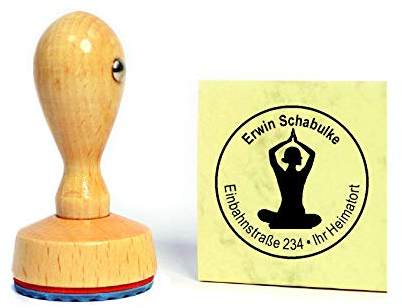 Stempel Holzstempel Adressstempel « YOGA FRAU » Durchmesser ca. Ø 40 mm - mit persönlicher Adresse und Motiv - Joga Indien Philosophie Meditation