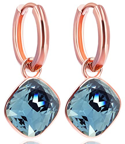 Rosegold Creolen Blau Charm Anhänger Markenkristalle Ohrringe 925 Sterling NOBEL SCHMUCK