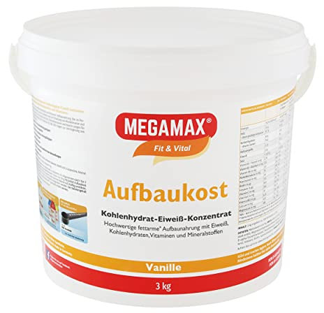 MEGAMAX Aufbaukost Vanille 3 kg- Ideal zur Kräftigung und bei Untergewicht. Proteinpulver zur Zubereitung eines fettarmen Kohlenhydrat-Eiweiß-Getränkes für Muskelmasse u. Muskelaufbau Gewichtszunahme