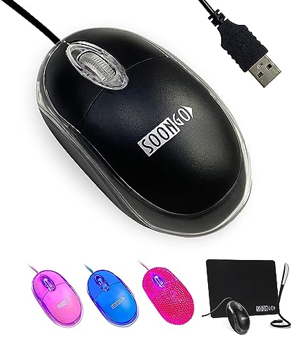 SOONGO PC Maus Mit Kabel - Mini Ergonomische USB Maus Für Computer, Laptop, Desktop - Windows 7/8/10/XP Vista Und Mac Kompatibel - Schwarz, 1600DPI, 1.5M