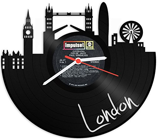 GRAVURZEILE Schallplattenuhr - Skyline London - Wanduhr aus gegossenem Vinyl mit Stadt Skyline 30 cm - Upcycling Design-Uhr Wand-Deko Vintage Wand-Dekoration Retro-Uhr - Made in Germany