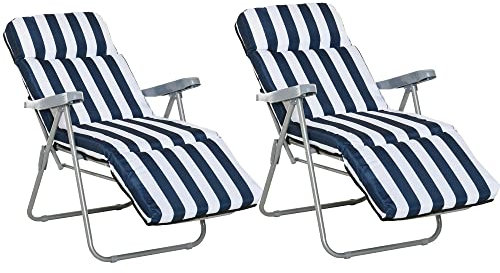 Outsunny Reclining Garden Chair Set of 2, 5-Level Adjustable Zero Gravity Chairs with Cushions, Folding Sun Lounger Recliner with Armrests for Outdoor, Patio, Blue Stripe