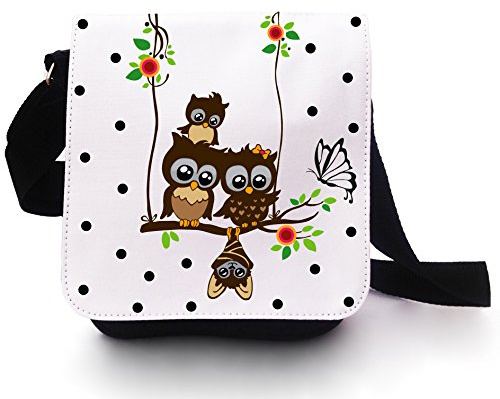 ilka parey wandtattoo-welt Eulentasche Tasche Kindertasche Handtasche Schultasche Schultertasche Eulen auf Schaukel mit Schmetterling weiß schwarz gepunktet kt107