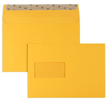 100 Stück, Farbige Briefumschläge, DIN C5, Haftklebung mit Abziehstreifen, Gerade Klappe, 130 g/qm Colorista, Mit Fenster, Gelb (Goldgelb), Blanke Briefhüllen