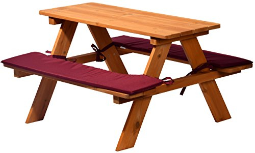 dobar® Picknicktisch für Kinder | Sitzbank aus Massiv-Holz | Kindersitzgarnitur inkl. passender Sitzauflagen | Kindersitzgruppe für Garten/Terrasse/Balkon | 89 x 79 x 50 cm | Braun/Rot