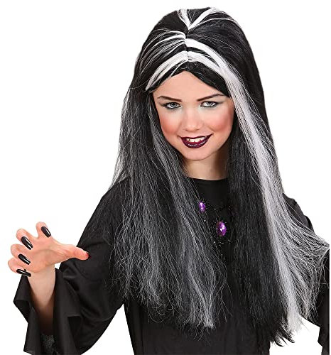 W WIDMANN MILANO Party Fashion 6279S - Perücke Hexe, schwarz-grau, fluoreszierende Strähnen, Halloween, Karneval, Mottoparty
