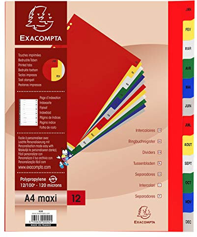 Exacompta 92E Kunststoff-Register Jan-Dez für DIN A4 MAXI aus langlebigem Kunststoff 12-teilig volle Höhe 24 x 29,7 cm weiß bedruckte, bunten Taben Universallochung Indexseite zum selbstgestalten