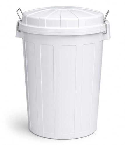 HELGUEFER - Cubo de Basura 95 Litros con Tapa y Asa Metálica | Contenedor de Polipropileno Resistente a los Golpes | Uso Profesional, Industrial o Doméstico Intensivo | Color Blanco
