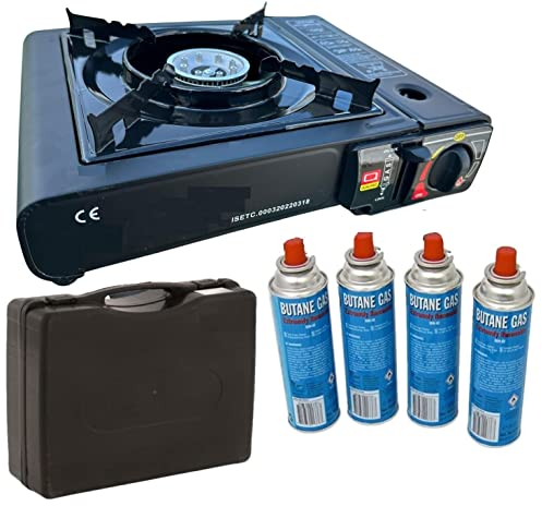 SMH LINE® Campingkocher Gaskocher Set inkl. 4, 8, 12, 16, 20, 24x Gaskartuschen 227g Butan Gas Camping Herd Outdoor Tischgrill 1 flammig Piezozündung Tragekoffer (Campingkocher mit 4x Gaskartuschen)