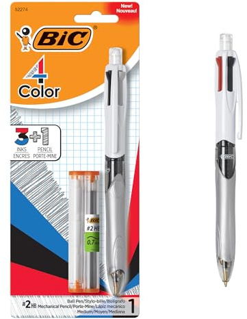 Bic 4-farbiger 3+1-Kugelschreiber und Bleistift, mittlere Spitze (1,0 mm), 0,7 mm Mine, verschiedene Tinten, 1 Stück