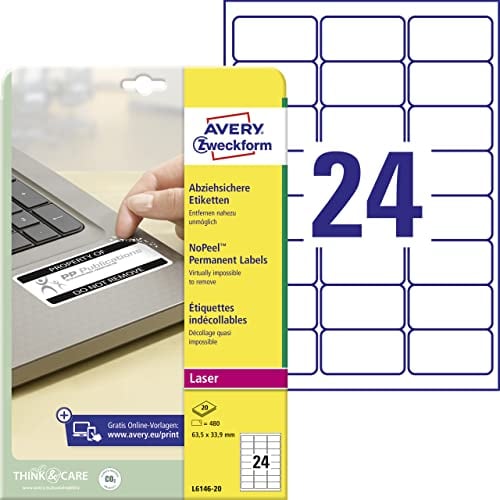 AVERY Zweckform L6146-20 Abziehsichere Folienetiketten (480 Aufkleber, 63,5x33,9mm auf A4, extrem stark selbstklebend, manipulationssicher, wasserfest, bedruckbare Klebefolie) 20 Blatt, weiß