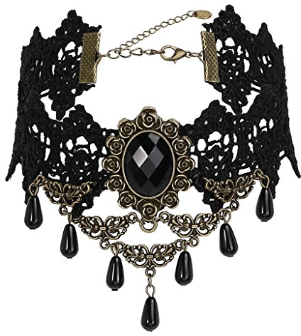 Epinki Damen Choker (Verstellbar), Spitze Halsband Hohl Retro Rose Oval Blumen Form Maskenspiel Kropfband Klassische Damenkette Gold Schwarz mit Zirkonia, 30CM