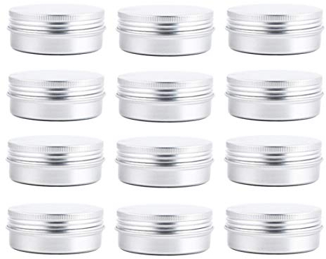 12 pcs of 2 Oz, 60 ML Gram Jar Cosmetic Sample Silver Aluminum Tins Empty Slip Slide Round Containers With Tight Sealed Twist Screwtop Cover Small Ounce for Lip Balm Make Up Eye Shadow Powder